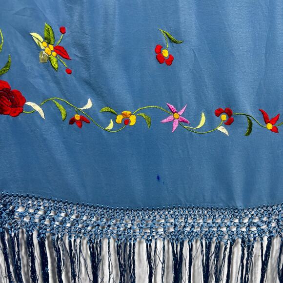 Antique 1920s Piano Shawl Mantón de Manila Blue Silk Floral Embroidery Fringe - Picture 8 of 16